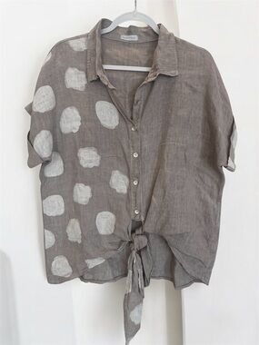100% Linen Tie Front Top Shirt Taupe Made in Italy Coastal Lagenlook L/XL